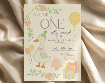1st Birthday Party Goose Invitation Template | Editable One Silly Goose Printable Invite | Floral Goose First Birthday | Girl Boy Duck Cute