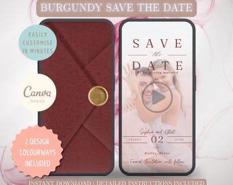 Burgundy Save The Date Video Template, Animated Wedding Invitation, Digital Canva Design, Editable MP4 Evite, Modern Wedding Save The Date