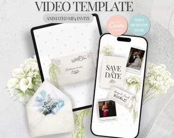 Floral Save the Date Animated Video: Ivory Wedding Invitation Template, Editable Canva Video Invite, Instant Download