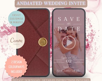 Animated Save The Date Video, Burgundy Wedding Invitation, Digital Template, DIY Canva Evite, Editable Wedding Save The Date, MP4 Download