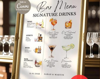 Signature Cocktail Menu | Wedding Bar Menu Template | Bride and Groom Drinks Sign for Reception | Editable Canva Bar Sign | Customizable