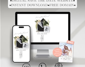 May include: A digital save-the-date design displayed on a computer monitor and smartphone. The design features a black envelope with a photo, flowers, and the date 12/08/27. A bonus Polaroid print is also included.