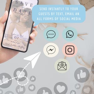 May include: A smartphone displays a wedding "Save the Date" announcement with a couple's photo. The phone is held in a hand, with a light blue speech bubble containing text about sending the announcement via text, email, and social media. Icons of social media platforms are also visible.