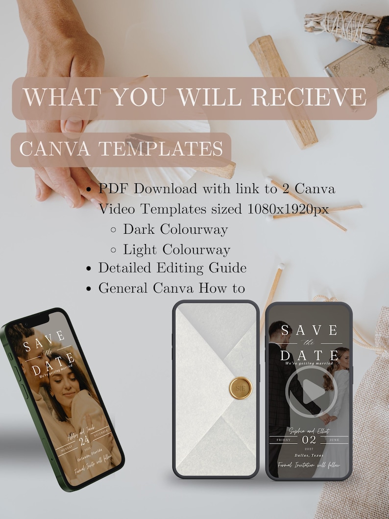 Puede incluir: Imagen con tres smartphones que muestran plantillas de Canva con tem&aacute;tica de boda. El texto dice "WHAT YOU WILL RECIEVE" y "CANVA TEMPLATES." Un tel&eacute;fono muestra una pareja, otro un dise&ntilde;o de sobre blanco y el tercero "SAVE THE DATE."