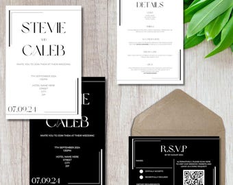 Classy Black and White Wedding Invitation Bundle | Simple Invitation Set | Canva Template | Intimate Suite Template | Modern Ceremony Suite