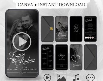 Dark Minimalist Video Wedding Invitation | Black Tie Wedding | Canva Template Design | Celebration Invite | DIY Bride E-vite | Custom Mono