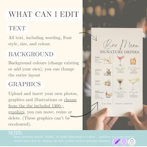 May include: A customizable bar menu with the text "Bar Menu Signature Drinks." The menu features illustrations of cocktails, wine, beer, and non-alcoholic beverages. The text includes options for editing text, background, and graphics.