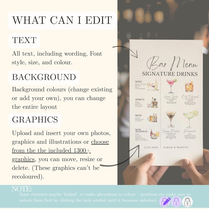 May include: A customizable bar menu with the text "Bar Menu Signature Drinks." The menu features illustrations of cocktails, wine, beer, and non-alcoholic beverages. The text includes options for editing text, background, and graphics.