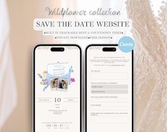 Wildflower Save the Date Wedding Website Template for Canva with RSVP and Countdown