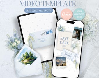 Floral Save the Date Animated Video: Dusty Powder Blue Wedding Invitation Template, Editable Canva Video Invite, Instant Download Steel Blue