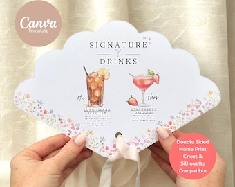 Wildflower Wedding Signature Drinks Fan Template | Download edit Canva | Garden Party | Watercolor Flowers | Botanicals | Summer Wildflower