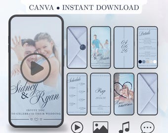 Dusty Blue Coastal Video Wedding Invitation | Navy Wedding Theme | Canva Template Design | Celebration Invite | DIY Bride E-vite | Custom