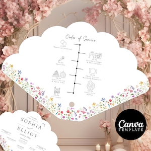 May include: A white wedding program fan with a floral border and an order of service timeline. The fan includes the names "Sophia and Elliot" and the Canva Template logo. The background features pink flowers.