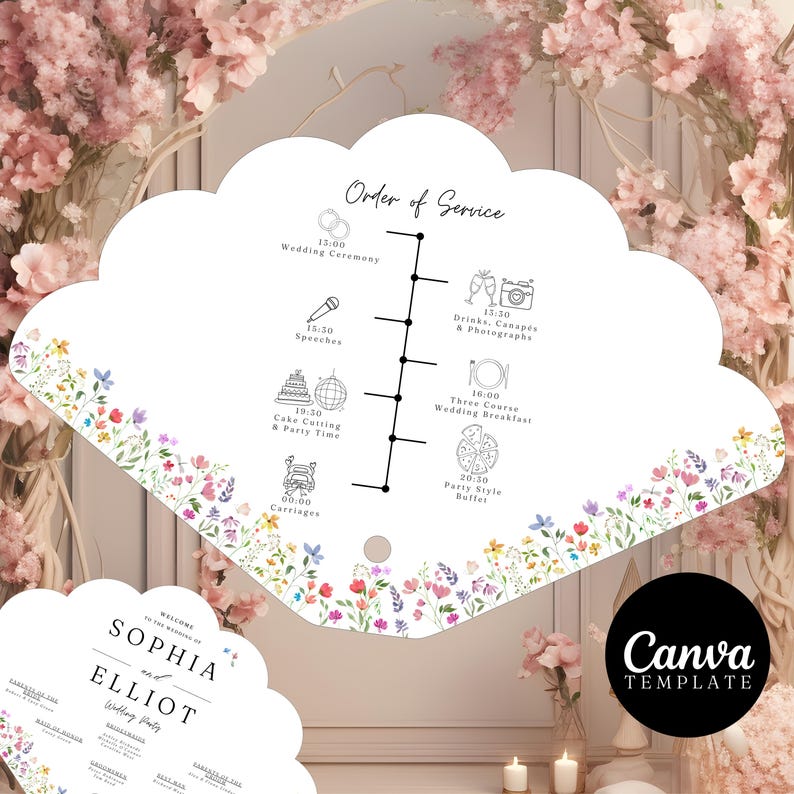 May include: A white wedding program fan with a floral border and an order of service timeline. The fan includes the names "Sophia and Elliot" and the Canva Template logo. The background features pink flowers.