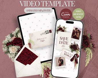 Floral Save the Date Animated Video: Burgundy Maroon Wedding Invitation Template, Editable Canva Video Invite, Instant Download Dark Purple