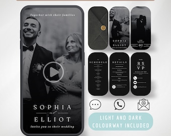 Animated Wedding Invitation Suite – Light & Dark Canva Template Evite, Modern Wedding Digital Invite RSVP, Minimalist Video, DIY Editable.