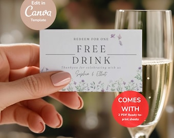 Lavender Wedding Drink Ticket Template | Summer Modern Wedding Drink Voucher | Drink Tickets for Wedding | Instant Printable Coupon Canva