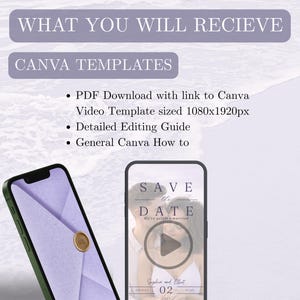 May include: A digital wedding invitation template displayed on two smartphones. One phone shows a purple envelope with a gold seal, the other displays a "Save the Date" video template with a couple's photo and event details.