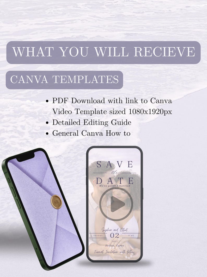 May include: A digital wedding invitation template displayed on two smartphones. One phone shows a purple envelope with a gold seal, the other displays a "Save the Date" video template with a couple's photo and event details.