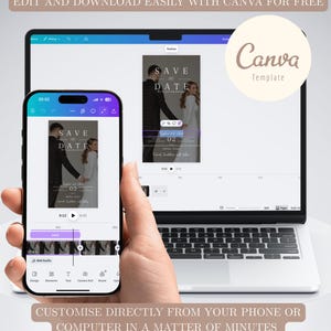 Puede incluir: Un tel&eacute;fono inteligente y una computadora port&aacute;til muestran una plantilla de invitaci&oacute;n de boda con el texto "Save the Date". El tel&eacute;fono muestra el dise&ntilde;o que se est&aacute; editando, mientras que la computadora port&aacute;til muestra el dise&ntilde;o terminado. El texto en la imagen dice "Edita y descarga f&aacute;cilmente con Canva gratis."