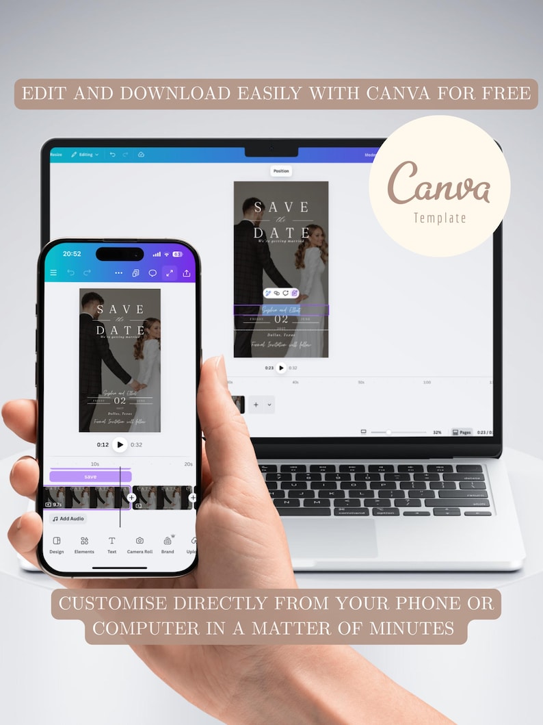 Puede incluir: Un tel&eacute;fono inteligente y una computadora port&aacute;til muestran una plantilla de invitaci&oacute;n de boda con el texto "Save the Date". El tel&eacute;fono muestra el dise&ntilde;o que se est&aacute; editando, mientras que la computadora port&aacute;til muestra el dise&ntilde;o terminado. El texto en la imagen dice "Edita y descarga f&aacute;cilmente con Canva gratis."