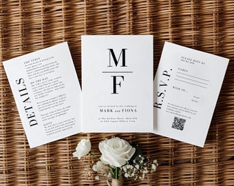 Paquete de invitaciones de boda minimalistas con monograma/código QR/conjunto de plantillas de invitación minimalistas/conjunto de invitaciones modernas/confirmación de asistencia elegante en línea