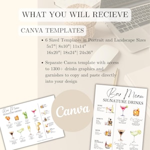 May include: A digital Canva template with bar menu designs. The image shows two bar menu designs with signature drinks, and a list of sizes: 5x7", 8x10", 11x14", 16x20", 18x24", and 24x36". The Canva logo is also visible.
