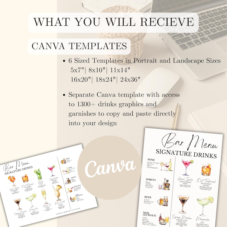 May include: A digital Canva template with bar menu designs. The image shows two bar menu designs with signature drinks, and a list of sizes: 5x7", 8x10", 11x14", 16x20", 18x24", and 24x36". The Canva logo is also visible.