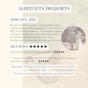 May include: Cream-colored graphic with the text "MARTLETS DELIGHTS" and customer reviews. Includes a photo of a couple. The text describes the business and its editable templates.
