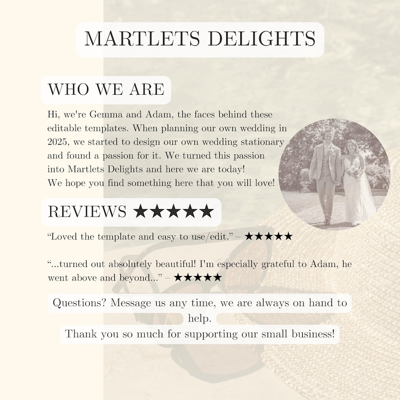 May include: Cream-colored graphic with the text "MARTLETS DELIGHTS" and customer reviews. Includes a photo of a couple. The text describes the business and its editable templates.
