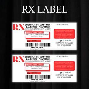 Modelo de rótulo de prescrição | Modelo de rótulo de frasco RX editável | Lembrancinha de festa | Rótulo de frasco de pílula divertido | Rótulo de frasco de prescrição personalizado