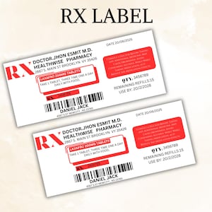 Prescription Label Template | Editable Horizontal RX Bottle Label Template | Pill Bottle Label | Custom Prescription Bottle Label