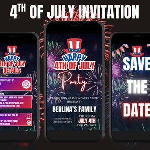 4. Juli Einladung mit Feuerwerk. Digitaler Unabhängigkeitstag Party einladen. Animiertes Grillfest oder Lagerfeuer Feier eVite. DIY bearbeitbare Vorlage.