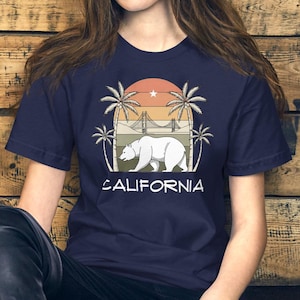 -shirt Ours et pont de Californie | t-shirt Golden State Icons | Vêtements Palm Tree Sunset | Souvenir de San Francisco | Chemise California Dreamer