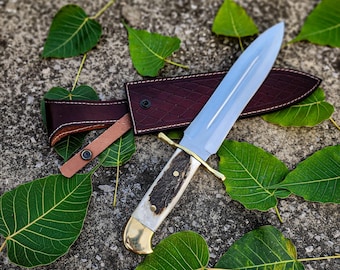 Handmade Stag Horn Handle Bowie Knife - Custom Hunting Dagger with Leather Sheath