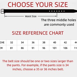 May include: A black belt with a silver buckle, accompanied by a size reference chart. The chart details waist sizes in inches from 32 to 44, and their equivalent in centimetres, ranging from 81 to 110 cm. The text suggests selecting a belt one or two sizes larger than the trousers.