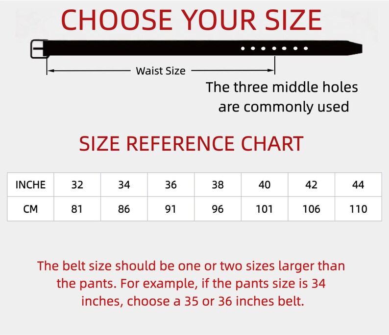 May include: A black belt with a silver buckle, accompanied by a size reference chart. The chart details waist sizes in inches from 32 to 44, and their equivalent in centimetres, ranging from 81 to 110 cm. The text suggests selecting a belt one or two sizes larger than the trousers.