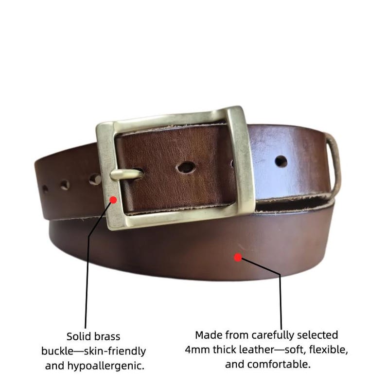 May include: A brown leather belt with a solid brass buckle. The belt is made from 4mm thick leather and is soft, flexible, and comfortable. The buckle is skin-friendly and hypoallergenic.