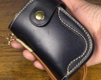 Vintage Full Grain Leather Key Pouch: Handmade Brass Button Key Case