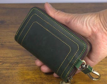 Men's Crazy Horse Leather Key Pouch: Zippered Belt Clip Key Case