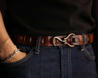Handmade Brown Leather Belt | Solid Brass Hook Buckle, Custom Engraved