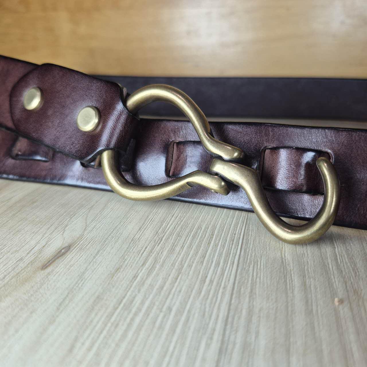 Handmade Brown Leather Belt | Solid Brass Hook Buckle 