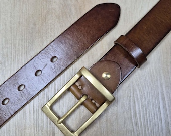 Vintage Leather Belt for Men: Solid Brass Buckle, Personalized Engraving