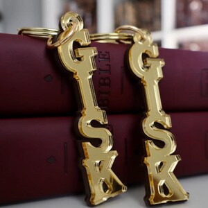 Puede incluir: Dos llaveros de color dorado con las letras "GSK" en una fuente en negrita y estilizada. Los llaveros cuelgan de un libro rojo con la palabra "BIBLE" impresa en el lomo.