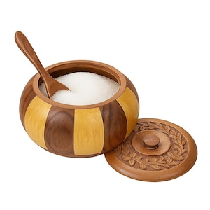 Wooden Spice Jar, Wood Sugar Bowl with Lid, Carved Salt Box, Kitchen Storage Jar, Stylish Wooden Bowl with Spoon, Housewarming Gift