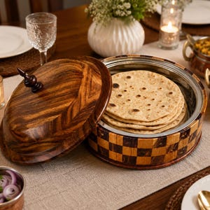 Handmade Sheesham Wood Serving Bowl – Checkerboard Pattern, Stainless Steel Insert Lid
