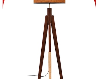 Dark Wood Tripod Floor Lamp Woven Cane Drum Shade Boho Living Room Accent Lighting