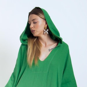 Hooded Muslin Caftan: Unisex Organic Cotton Gauze Lounge Robe, Cover-Up, Plus size Kimono, unisex kaftan, loose dress, costume