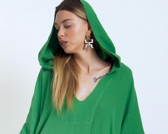 Caftán con capucha de doble gasa: Bata unisex de gasa de algodón orgánico. Ideal para fiestas, piscina o como vestido. Muselina.