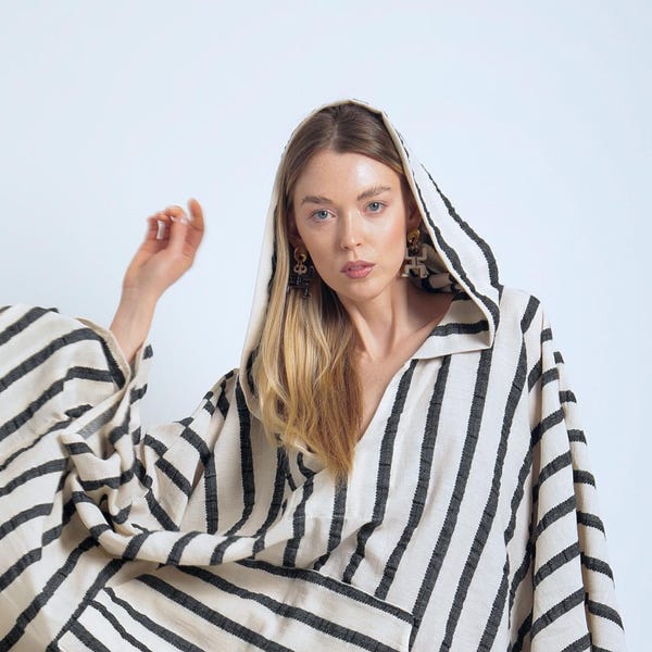 Hooded Cotton Gauze Kaftan, Linen Blend Robe: Boho Cover-Up, Party, Pool Costume, Dress.